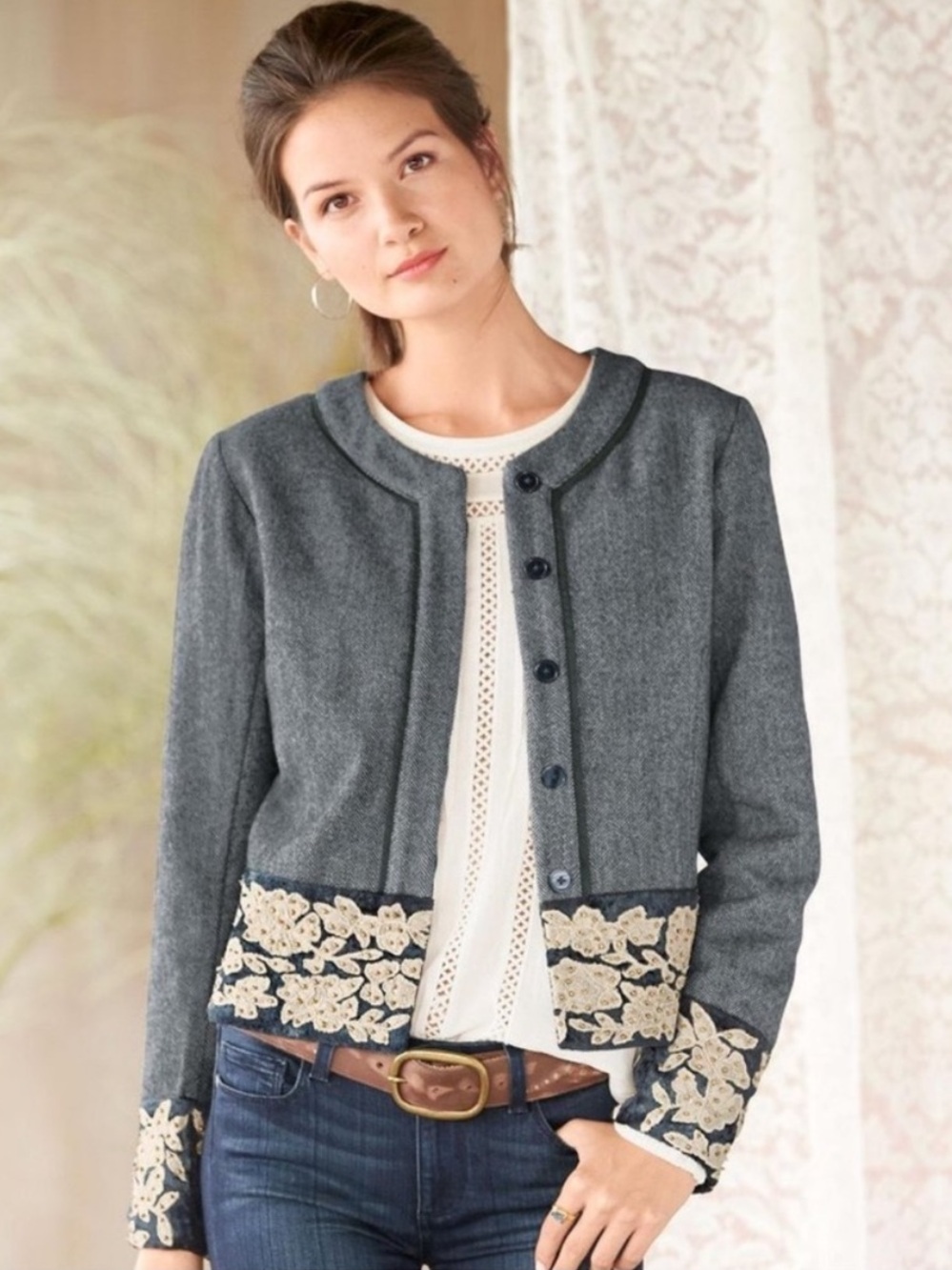 Sundance Catalog Tweed Herringbone and Velvet Embroidered Beaded Blazer Jacket